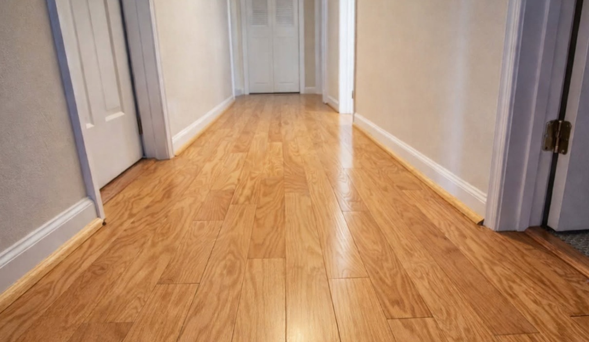 Finished wood flooring installation in a bright hallway by Fortin Floors & More
